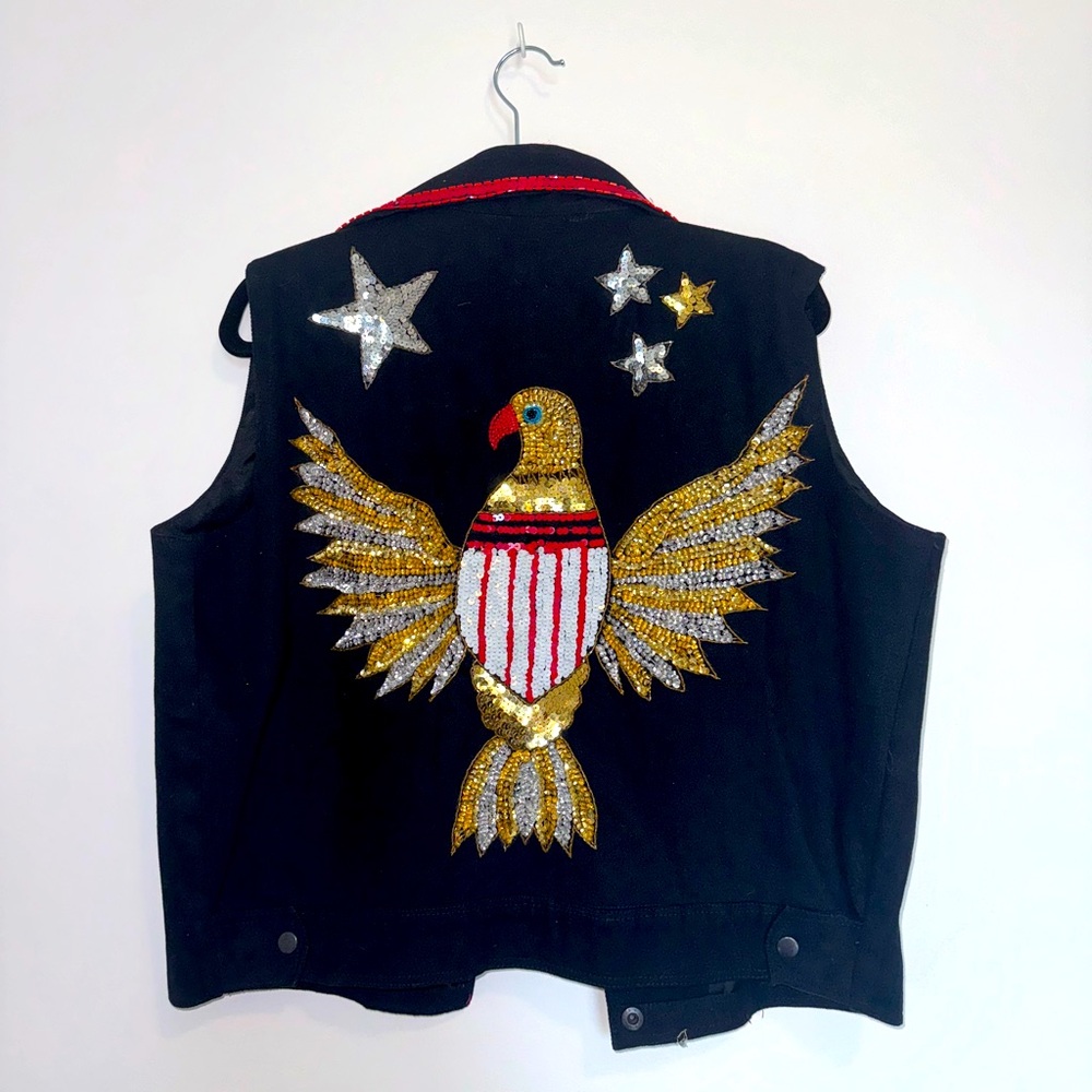 Modi Denim Vintage Black Sequin Eagle Vest - Large